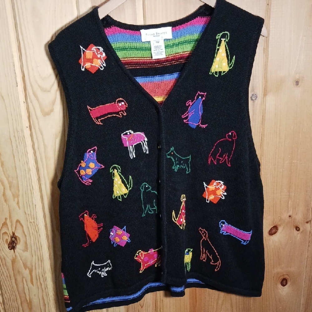 Susan Bristol VINTAGE Dog Pattern Knit Embroidered Vest